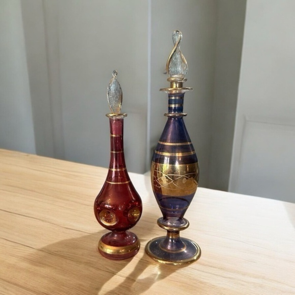 Vintage Egyptian Hand Blown Glass Perfume Bottles with Stoppers-Cranberry Purple